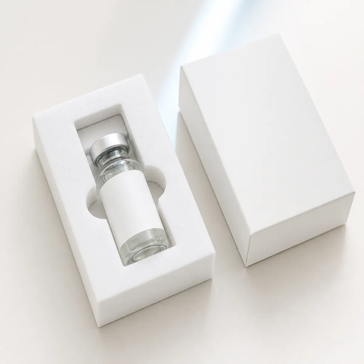Blank vial and carton in a white packaging insert