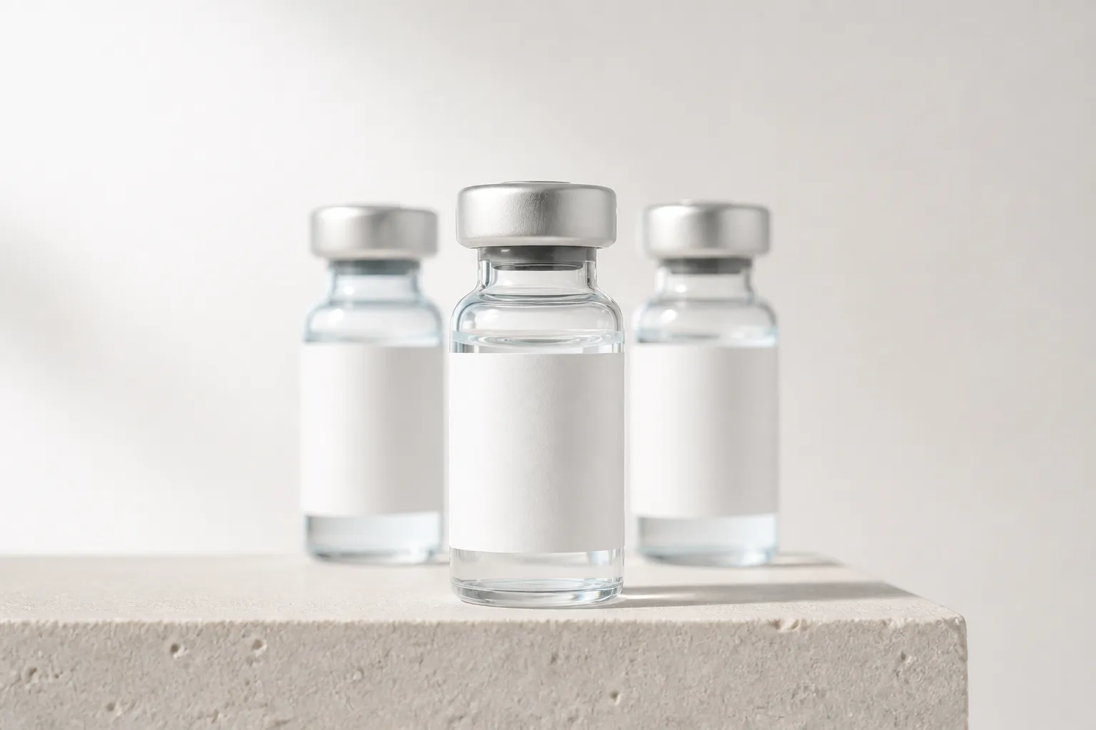 Three blank glass vials on a pale stone plinth